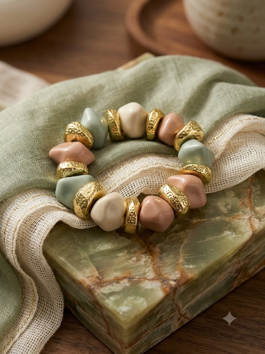 Earthy Pastel Nugget Stretch Bracelet, multicoloured stones, view 1 of 4