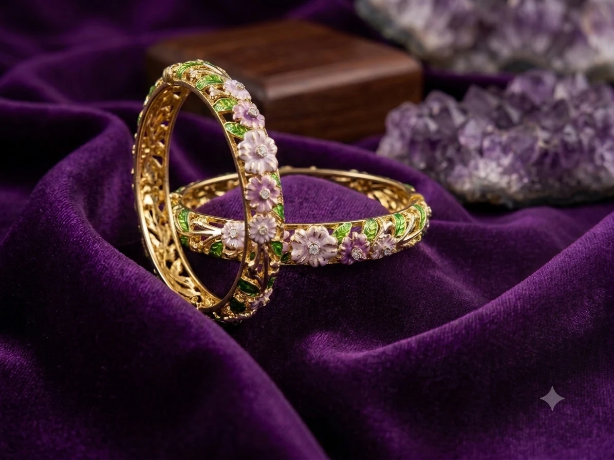 Pink Floral Enamel Bangle with Green Leaves, view 1 of 2