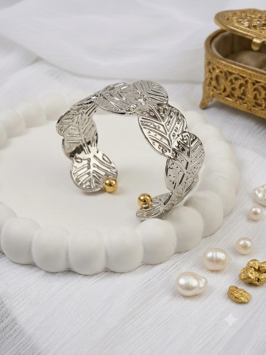 Silver Leaf Link Cuff Bracelet, view 1 of 3