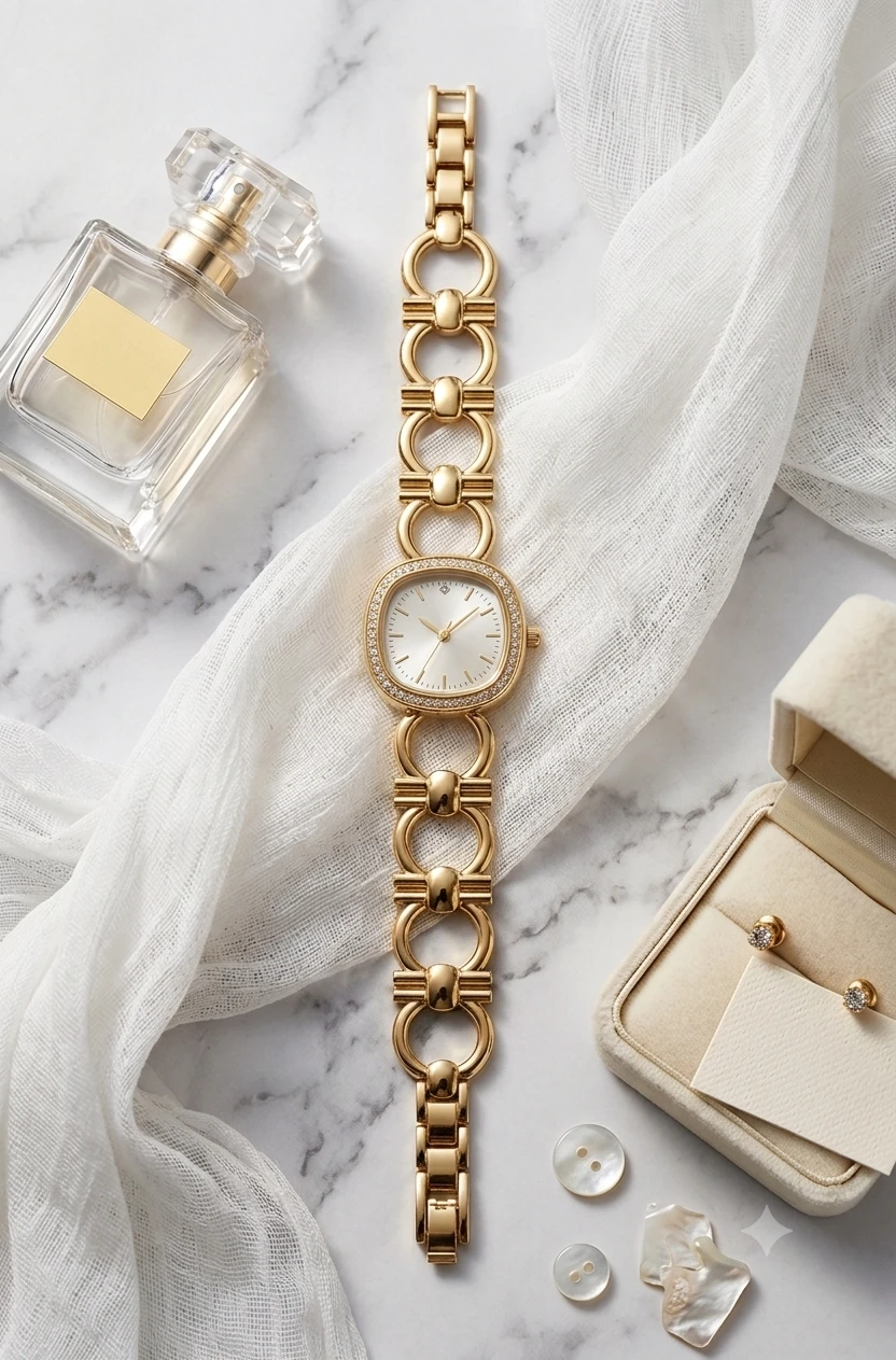 Scarlet Cushion Gold Link Timepiece, white golden dial with knots, view 1 of 3