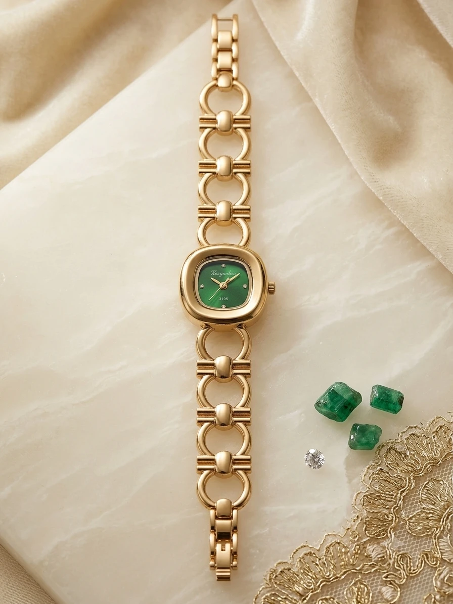Scarlet Cushion Gold Link Timepiece (Green), view 1 of 3